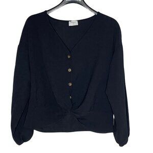 Everly Aritzia V-Neck Twist Front Boxy Cropped Top Blouse Black Sz SM